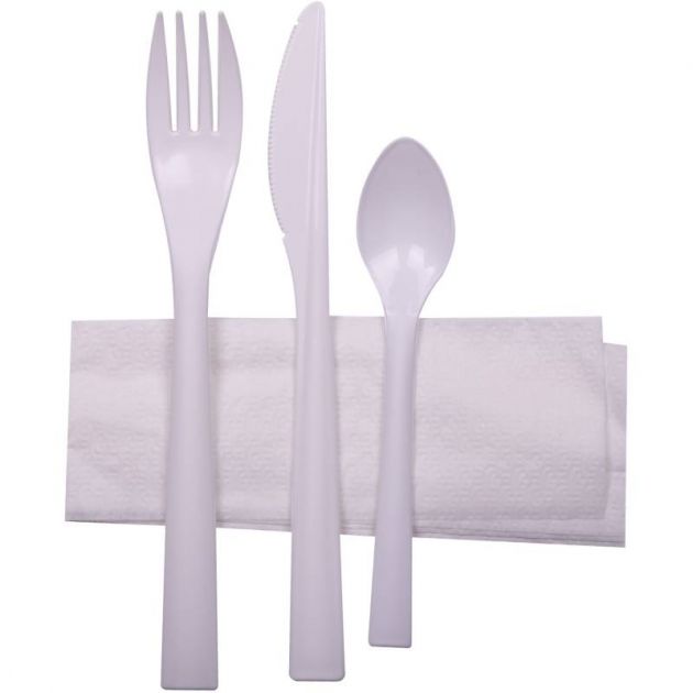 Sachet couverts incassables fourchette couteau cuillière serviette x250